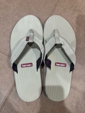 Hari Mari Men’s Light Gray Flip-Flops with Dark Purple Accents